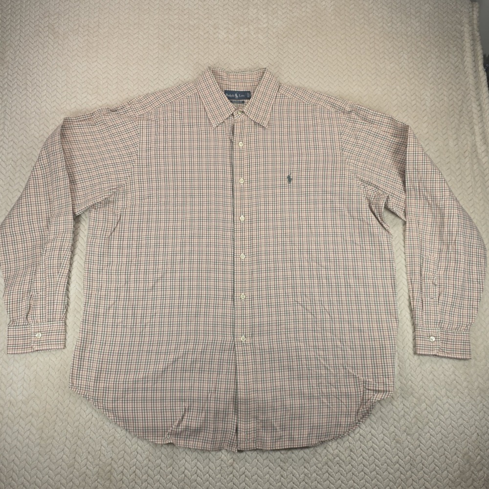 Ralph Lauren Classic Fit Plaid Button Down Shirt Mens XL Pink Tan Grey LS